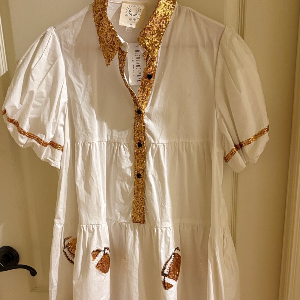 Fantastic Fawn Football White Dress with Gold Sequin Accents